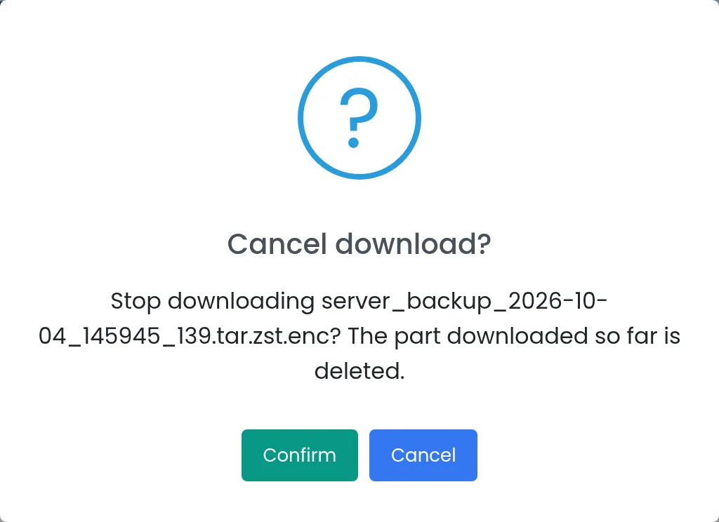 Panelica confirmation dialog asking whether to cancel the download and delete the downloaded part