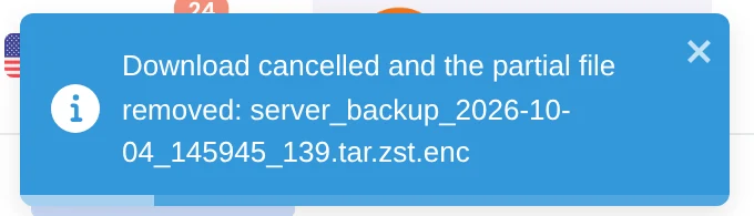 Panelica notification that the download was cancelled and the partial file removed