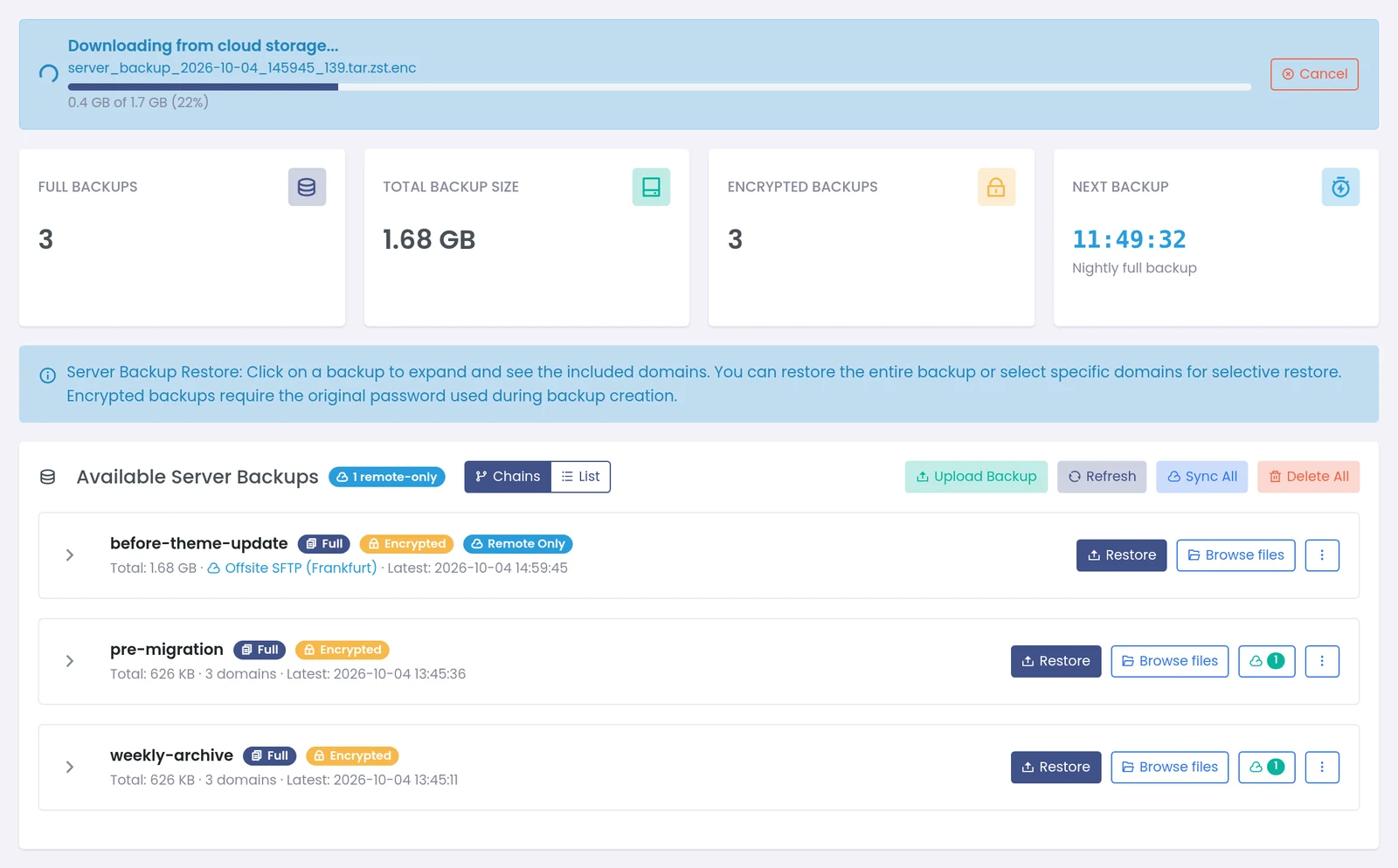 Panelica restore page with a download banner showing 0.4 of 1.7 GB and a Cancel button above the backup list