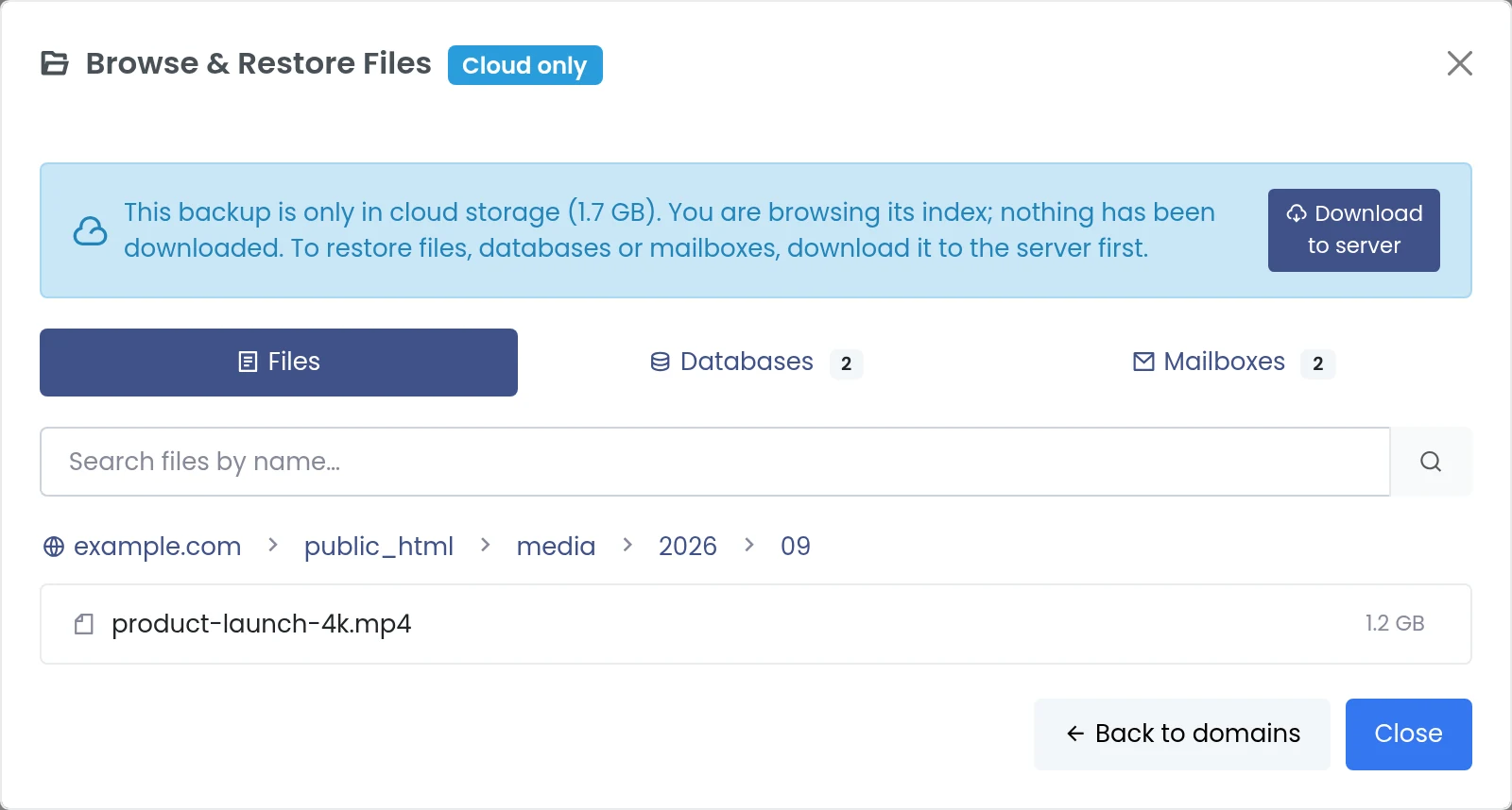 Panelica remote backup browser showing a single large media file deep in a folder path