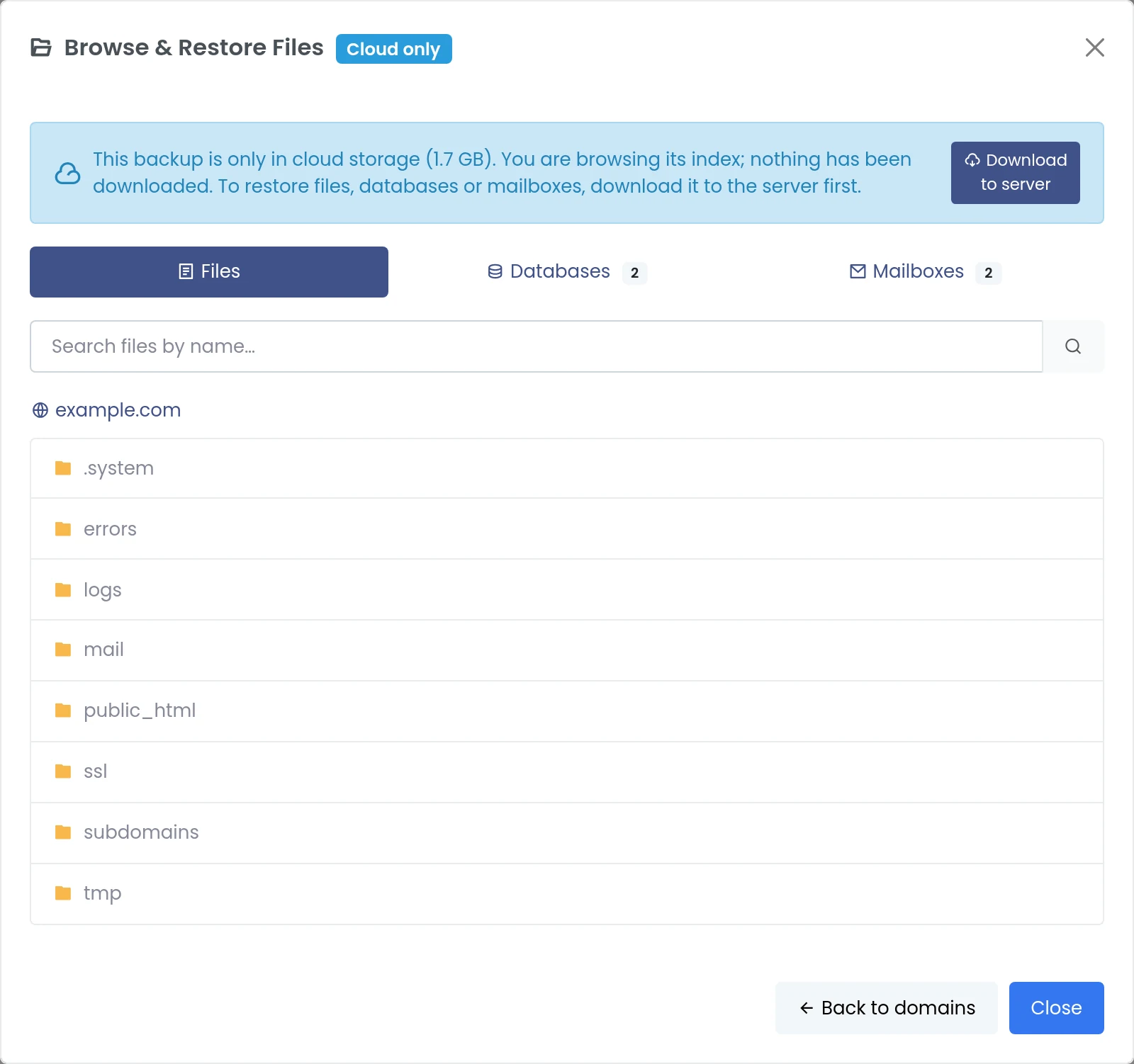 Panelica browsing the files of a domain inside a remote-only backup with Files, Databases and Mailboxes tabs