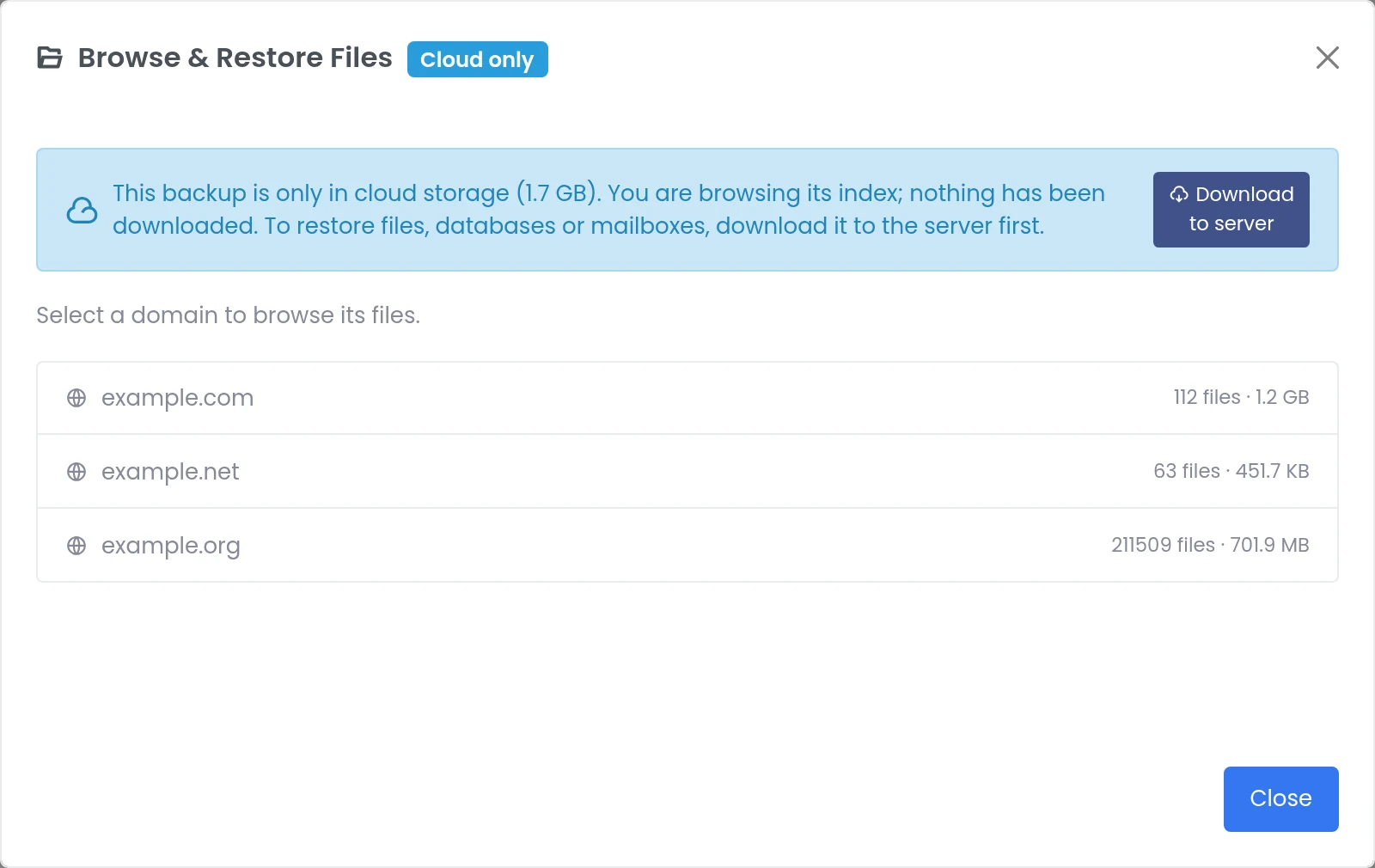 Panelica browsing a cloud-only backup from its index without downloading it
