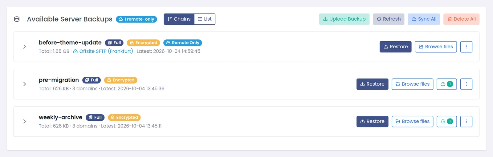 Panelica restore page listing local backups and a remote-only backup with the destination name