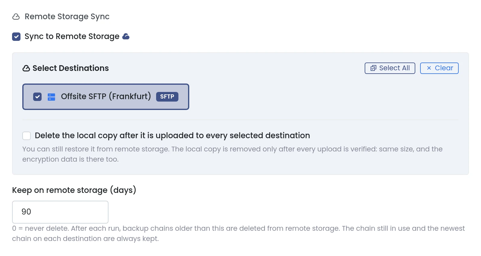 Panelica backup schedule with remote storage sync, delete local copy option and a 90-day remote retention field