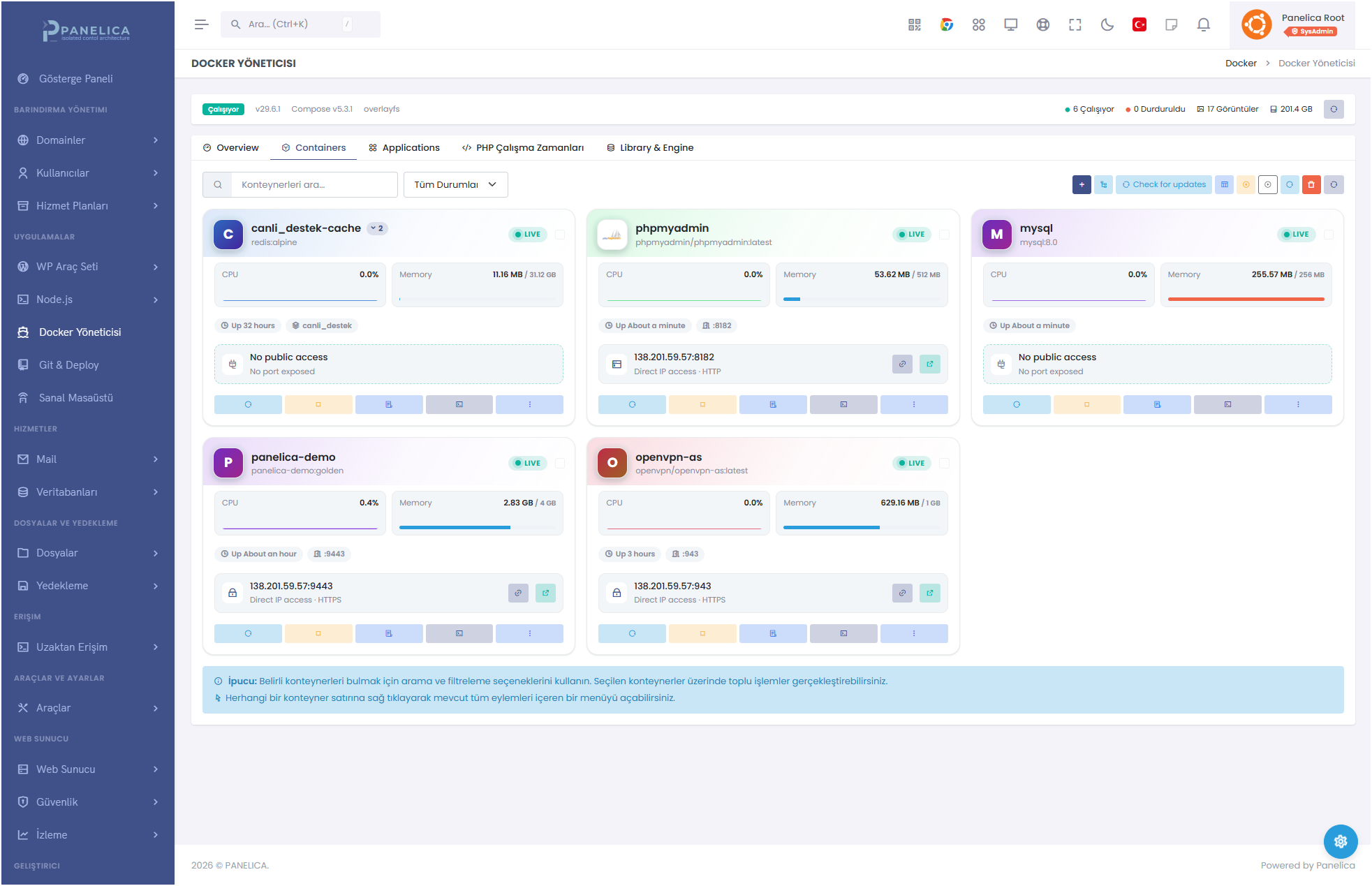 Panelica Docker containers tab: card grid with live CPU and memory, uptime, access badges, inline action buttons and a check-for-updates toolbar