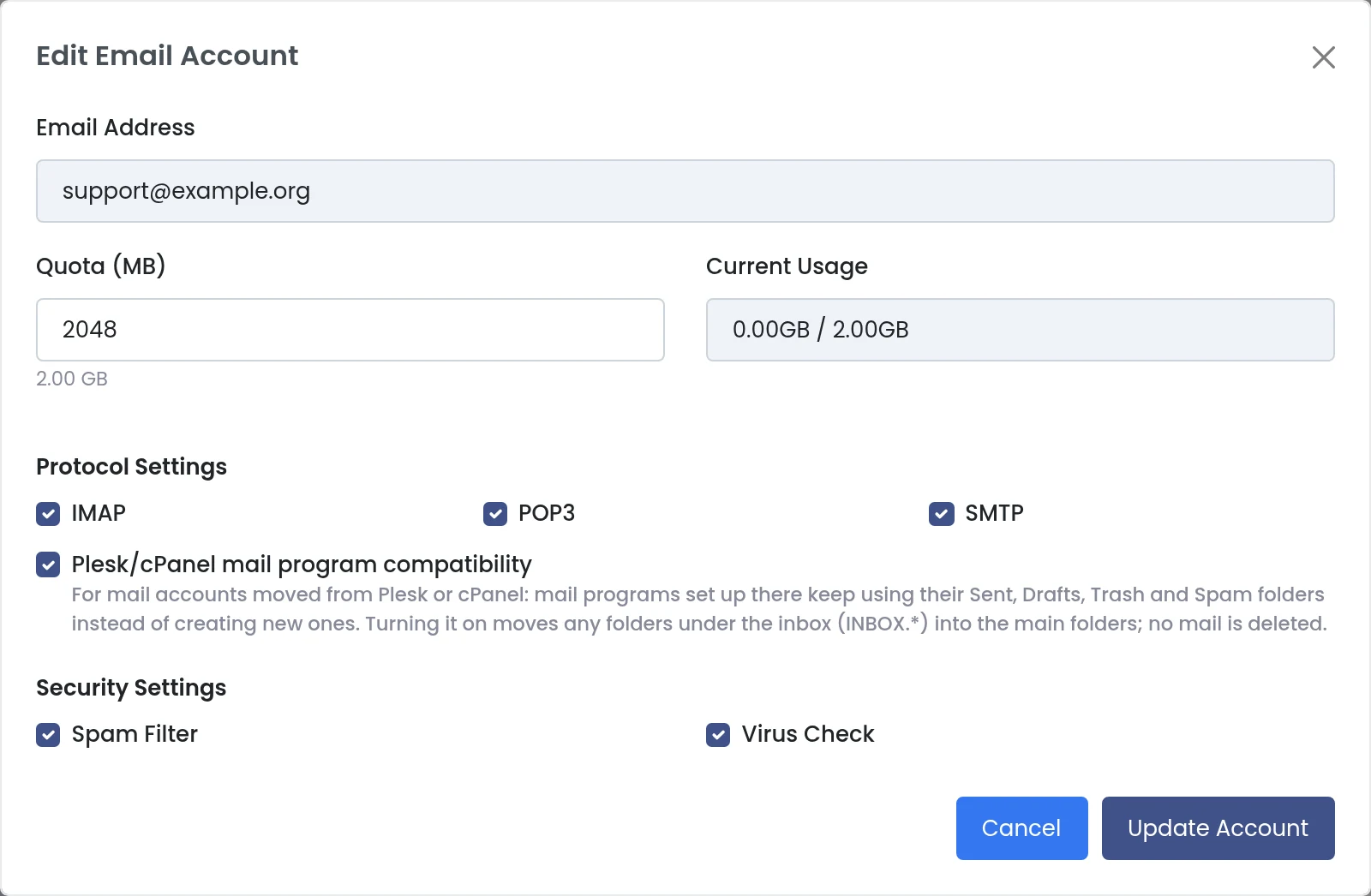 Panelica edit email account dialog with quota, protocol settings, compatibility option and security settings