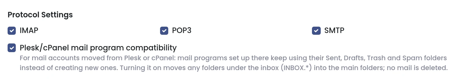 Panelica mailbox protocol settings with IMAP, POP3 and SMTP and the Plesk/cPanel mail program compatibility option