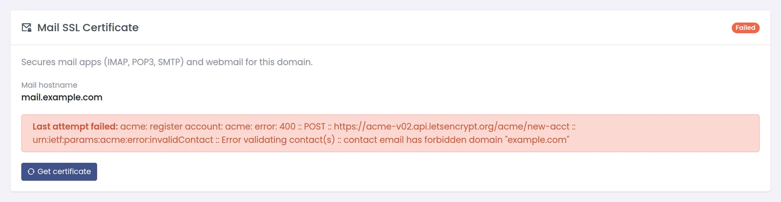 Panelica Mail SSL Certificate card showing a failed attempt with the certificate authority's error message