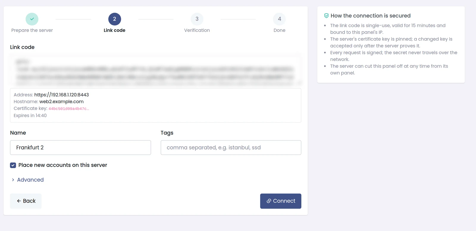 Panelica Add Server wizard on the master with a pasted link code, server name, tags and account placement option