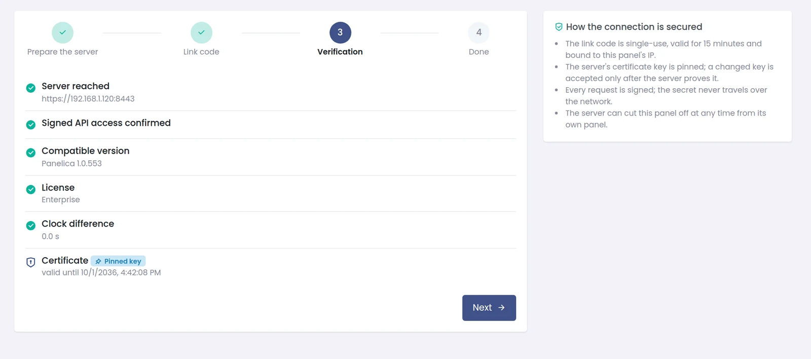 Panelica Add Server verification step showing server reached, signed API access, compatible version, license, clock difference and pinned certificate