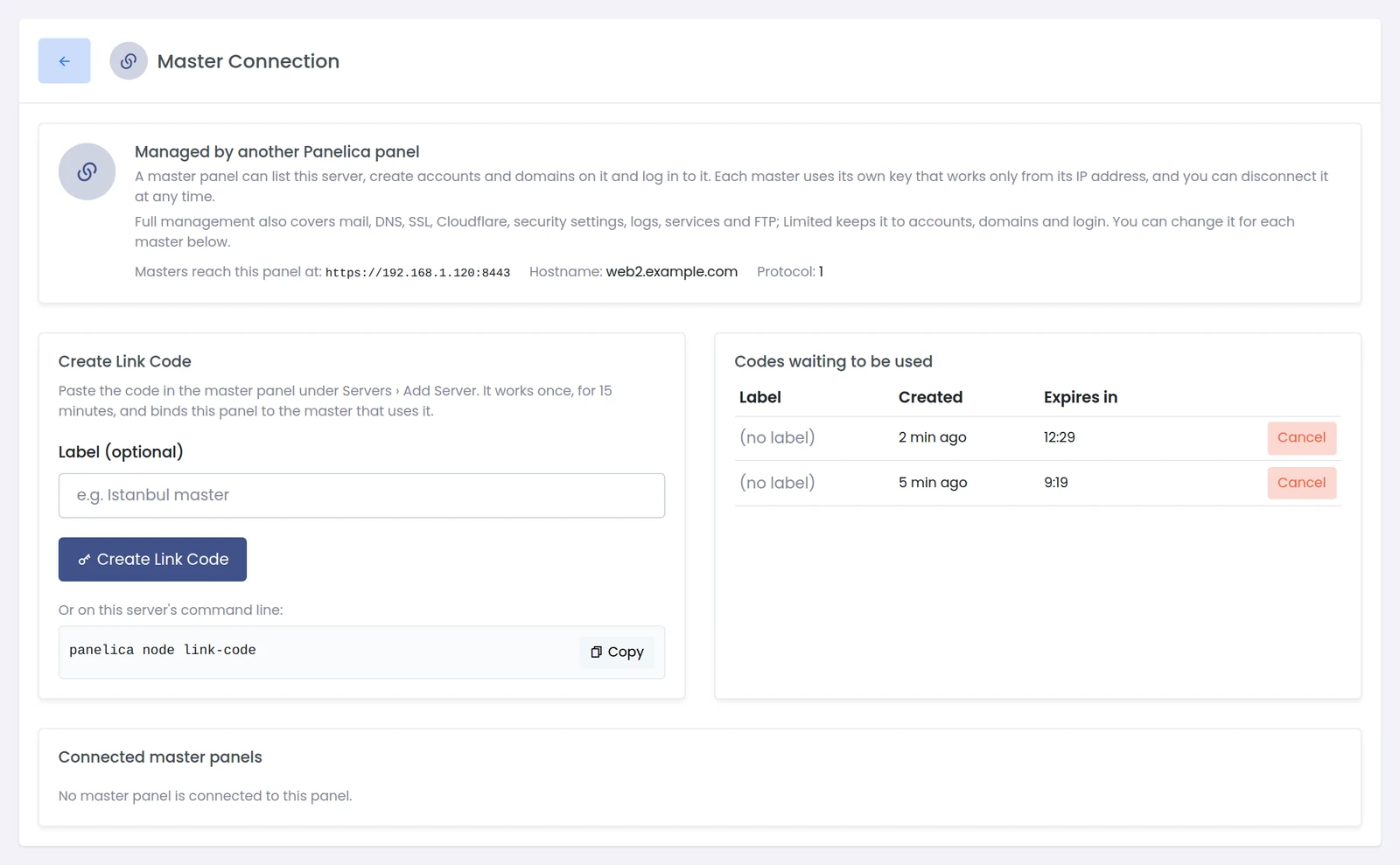 Panelica Master Connection page on the node with the link code button and the command line alternative