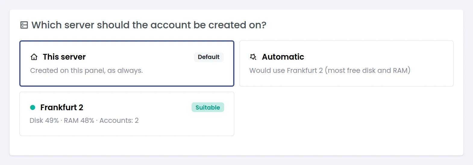 Panelica create account form asking which server the account should be created on, with an automatic option
