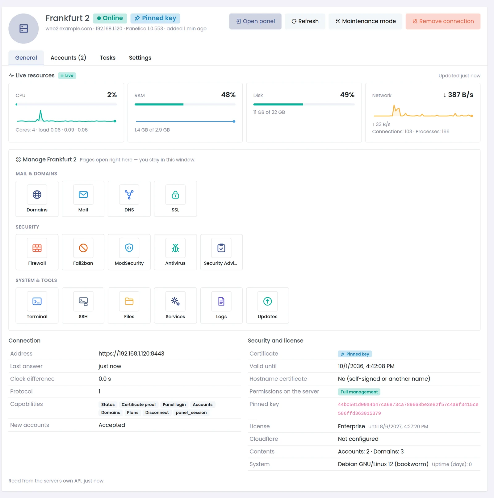 Panelica master panel showing a connected server with live resources and manageable sections