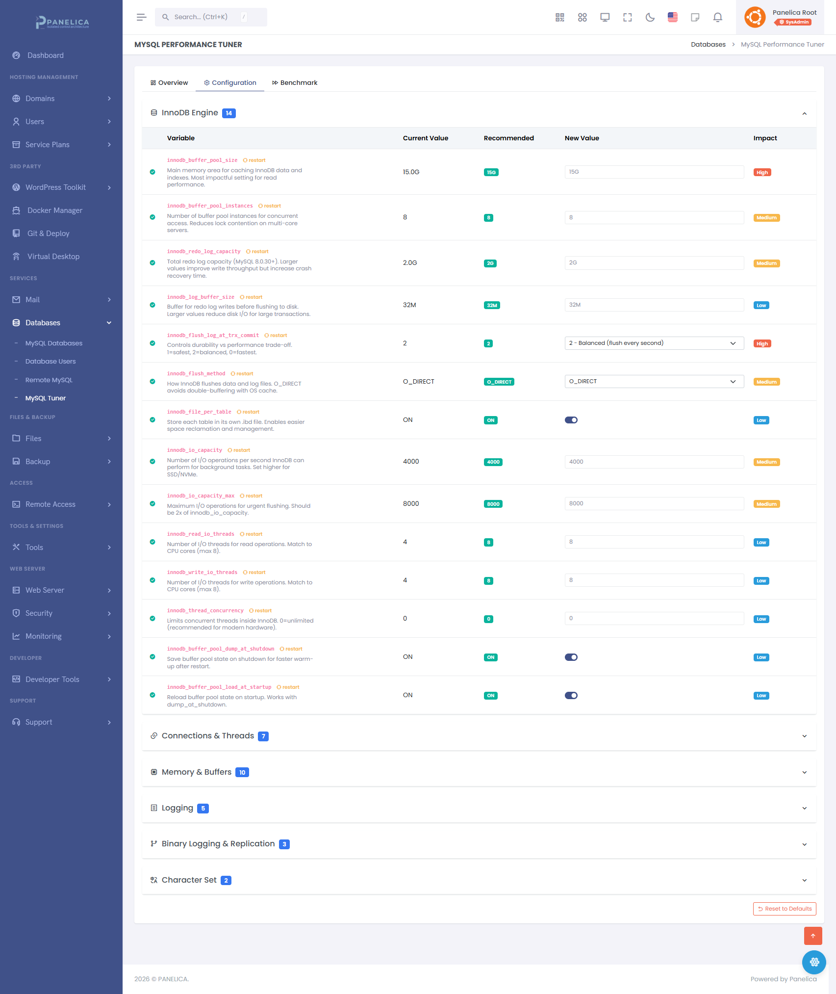Panelica MySQL Performance Tuner - Configuration tab showing InnoDB Engine settings with current values, recommendations, and one-click apply