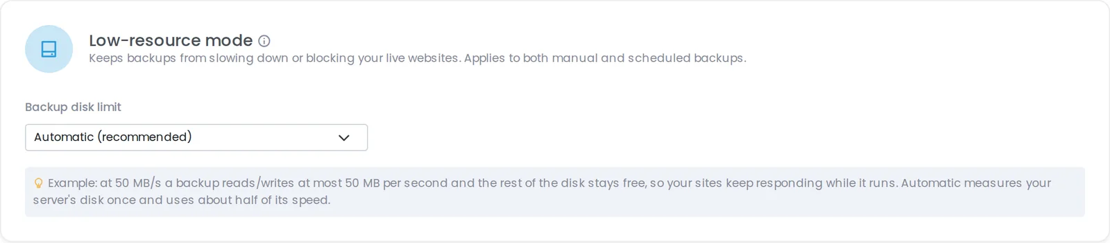 Panelica Panel Settings backup low-resource mode card with the backup disk limit set to Automatic