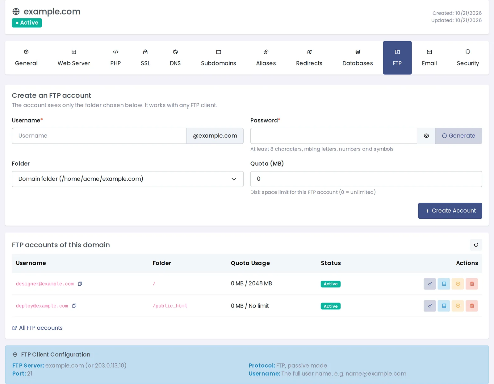 The FTP tab on a Panelica domain page with the create form, the domain's FTP accounts and connection details