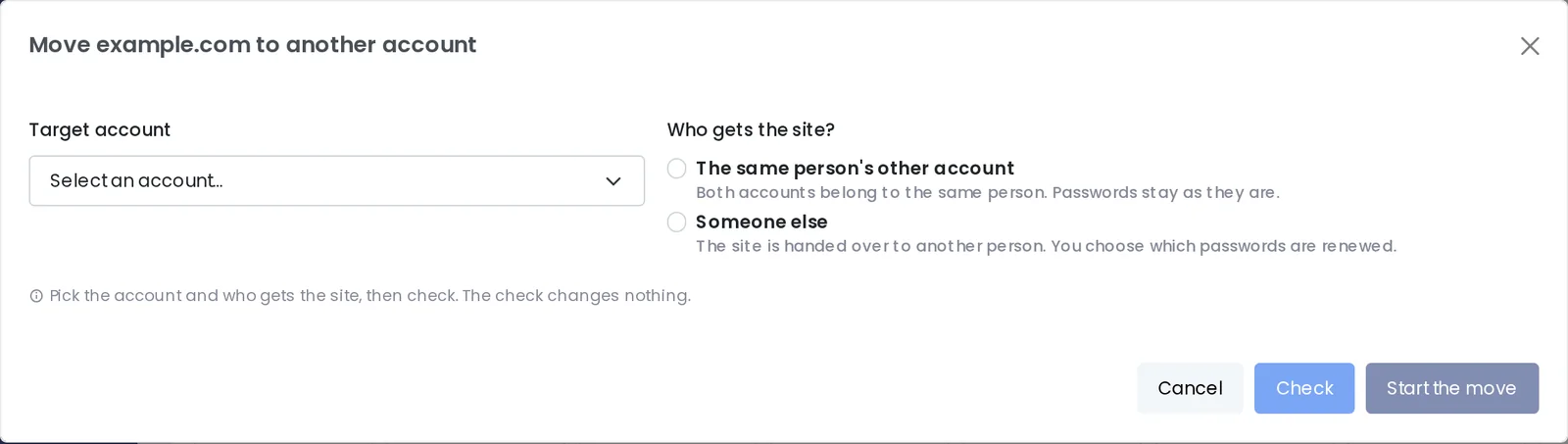 Move a domain to another account wizard in Panelica with the target account and who gets the site