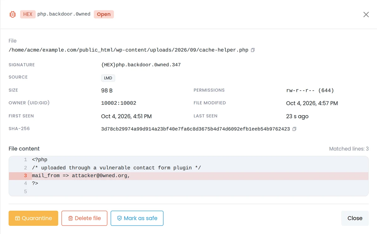 Panelica Shield finding detail with file metadata, hashes and the matched lines highlighted in the file content