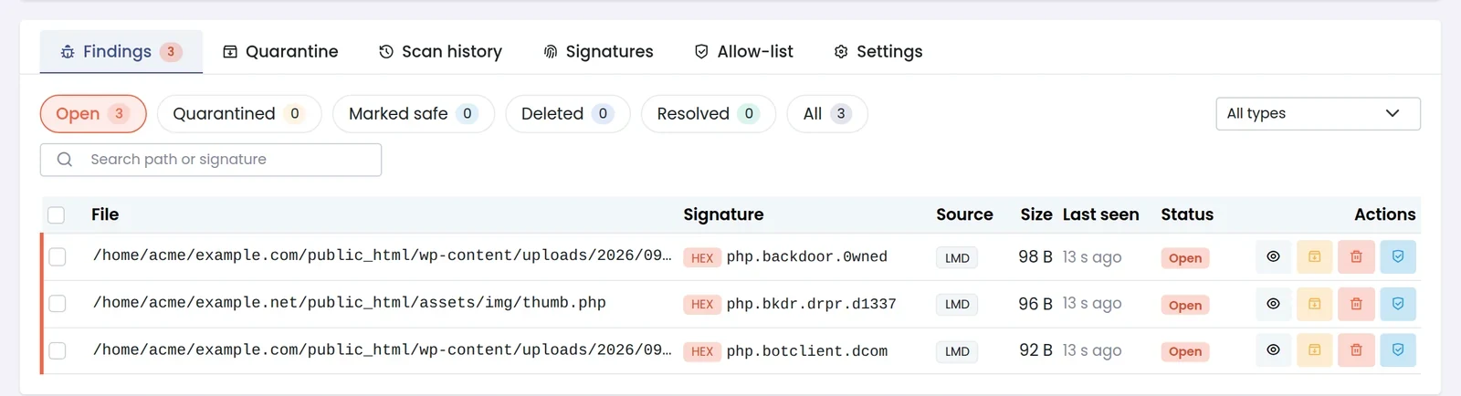 Panelica Shield findings list with file paths, LMD signature names and actions to view, quarantine, delete or mark as safe