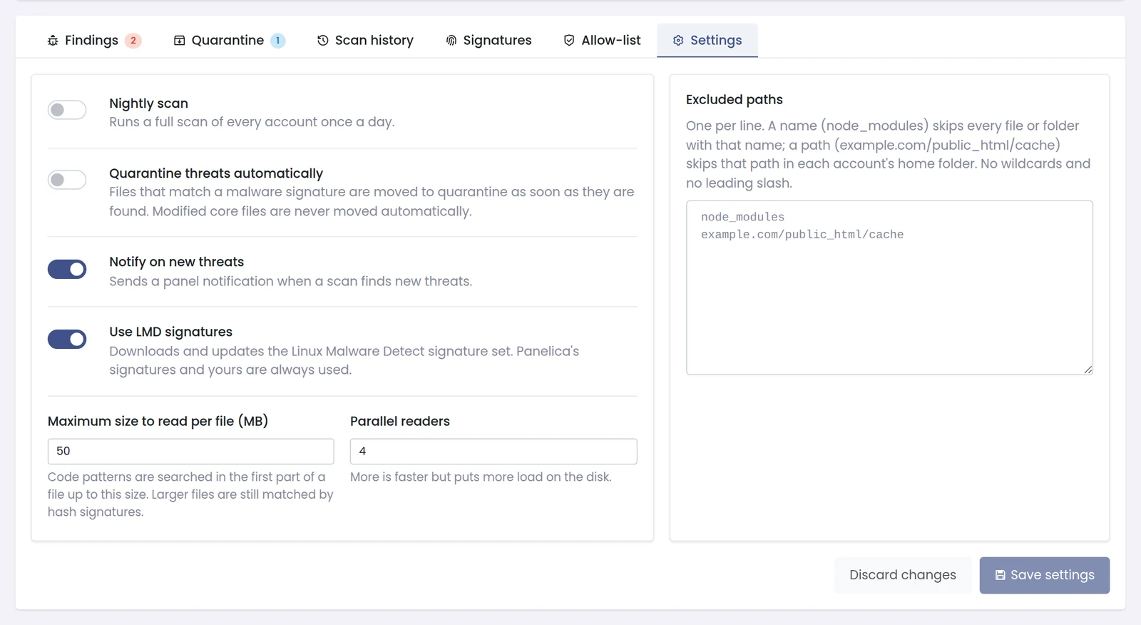 Panelica Shield settings for the nightly scan, automatic quarantine, notifications, LMD, read size, parallel readers and excluded paths