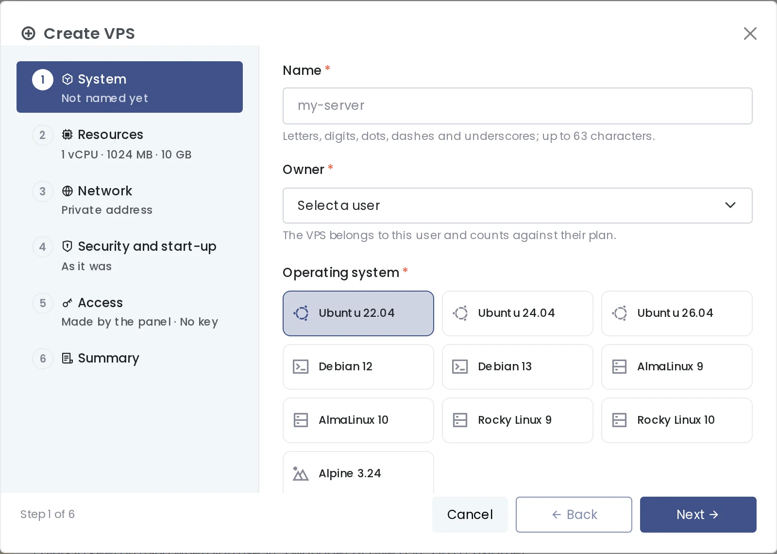 The Create VPS wizard in Panelica with the operating system step and ten Linux images