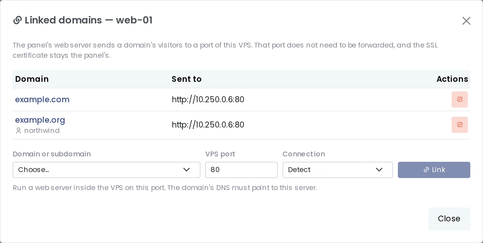 Linked domains window opened from the VPS list with two domains sent to the VPS