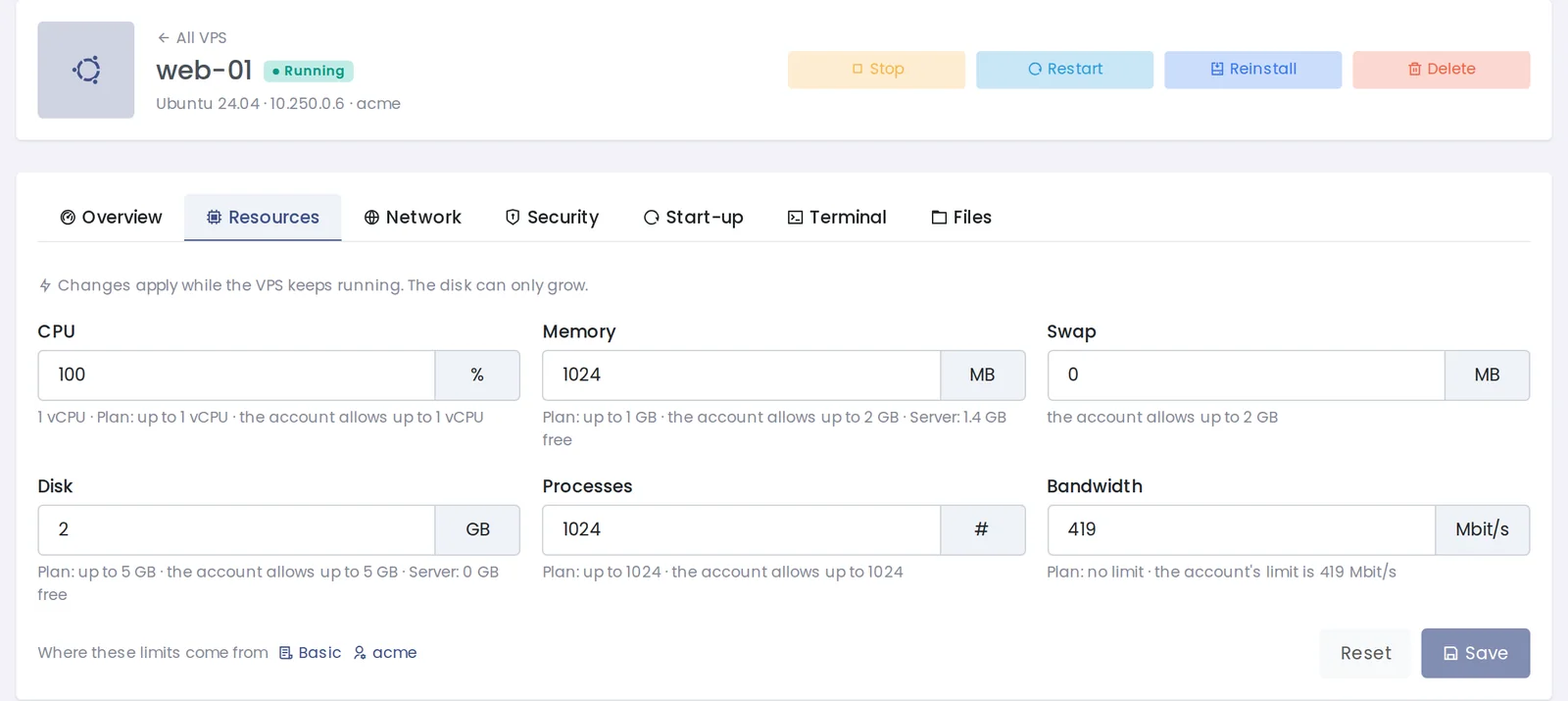VPS resources tab with CPU, memory, swap, disk, processes and bandwidth fields and their plan limits