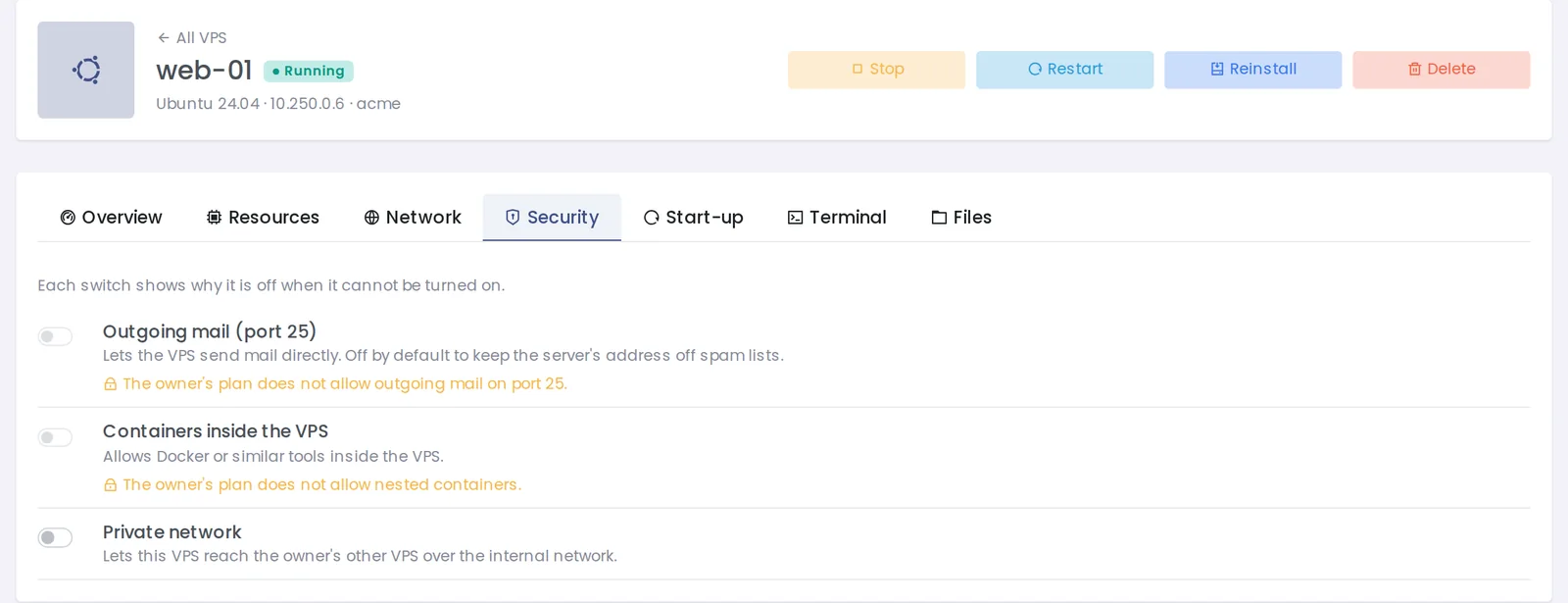 VPS security tab with switches for outgoing mail, containers inside the VPS and private network