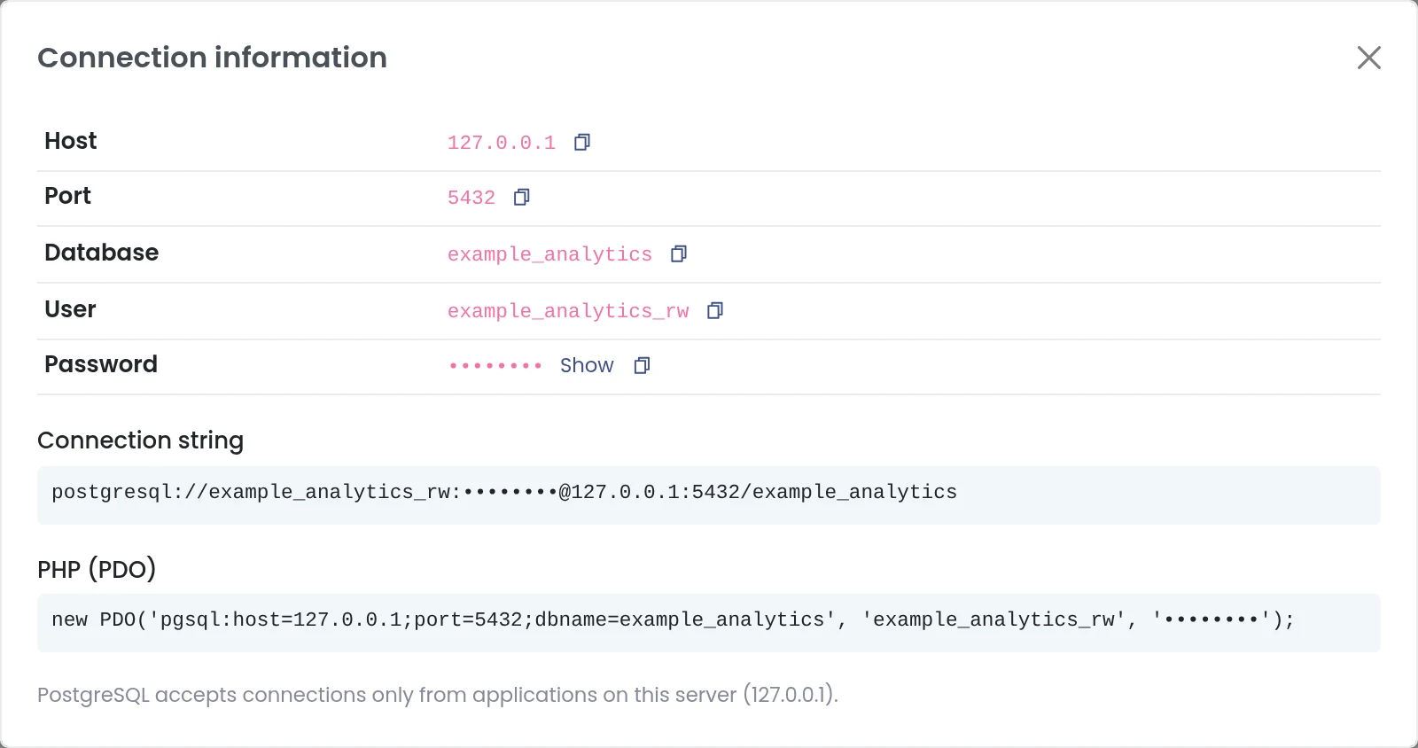 Panelica PostgreSQL connection information with host, port, database, user, connection string and PHP PDO example