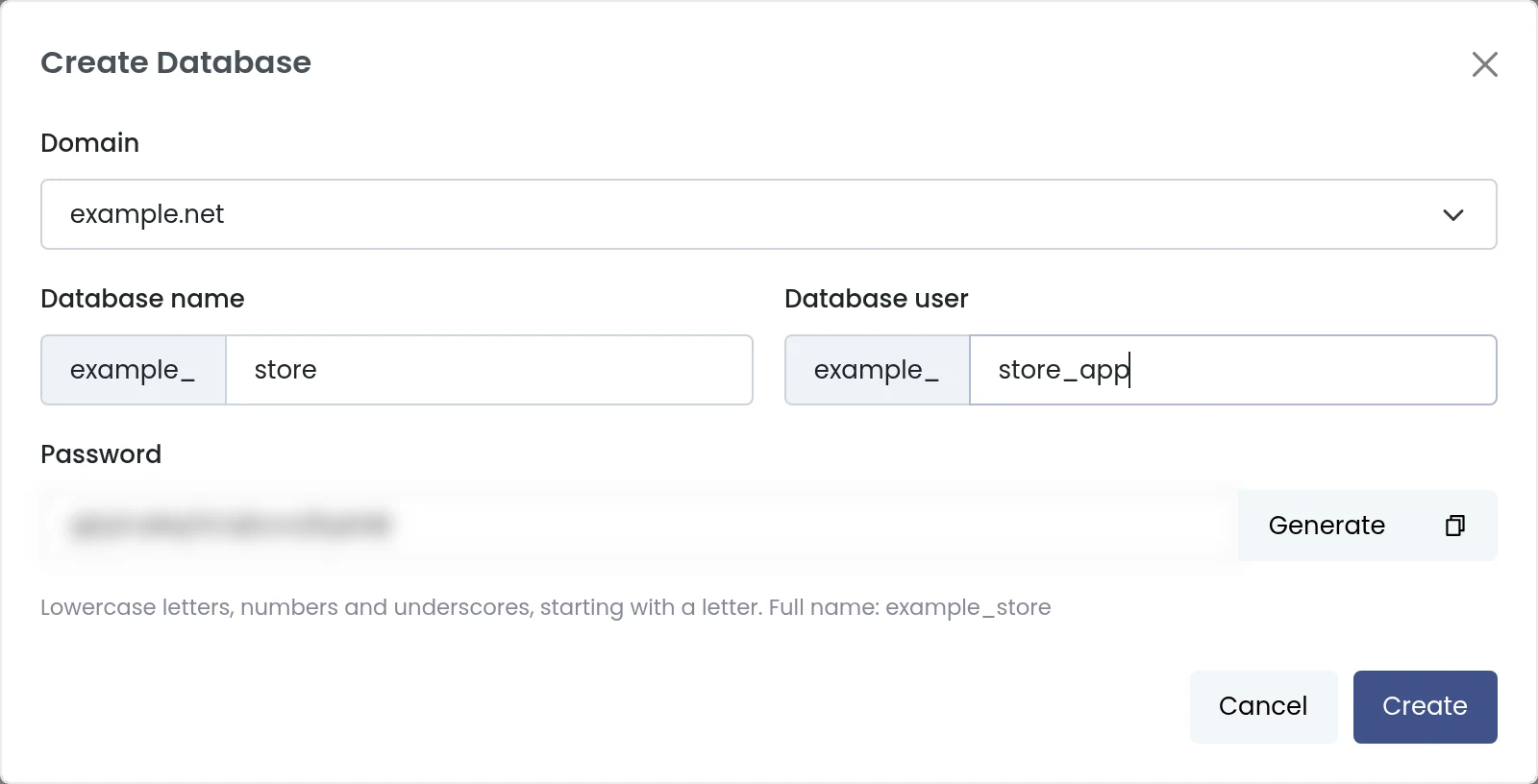 Panelica Create Database dialog for PostgreSQL with domain, prefixed database name, user name and generated password