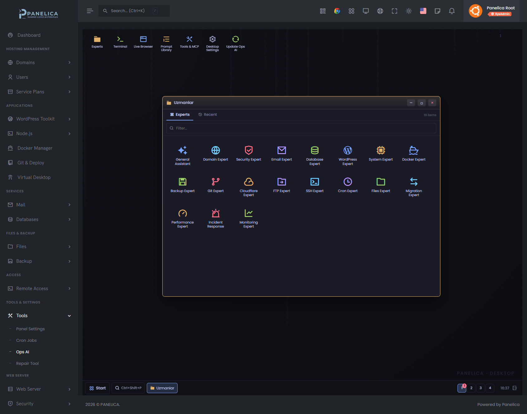 OpsAI expert desktop inside Panelica