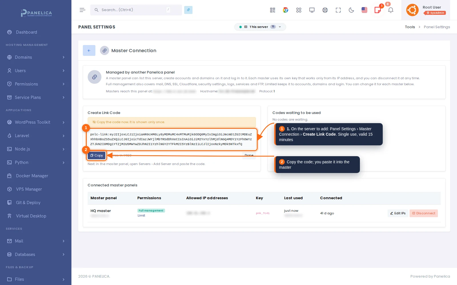 Master Connection page on the server to be added, with a freshly created link code and the copy button