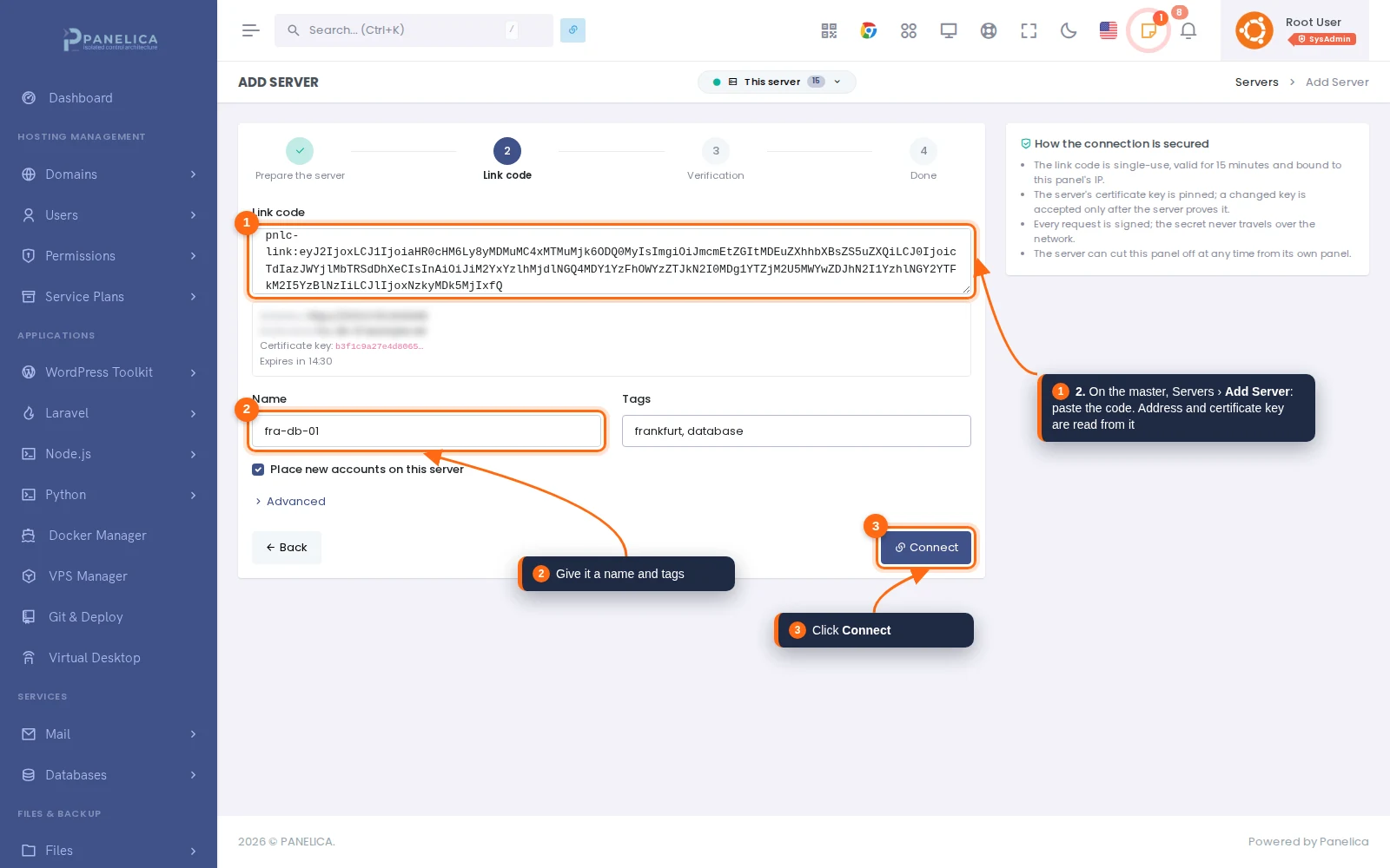 Add Server wizard on the master with the link code pasted, a name and tags filled in, and the Connect button