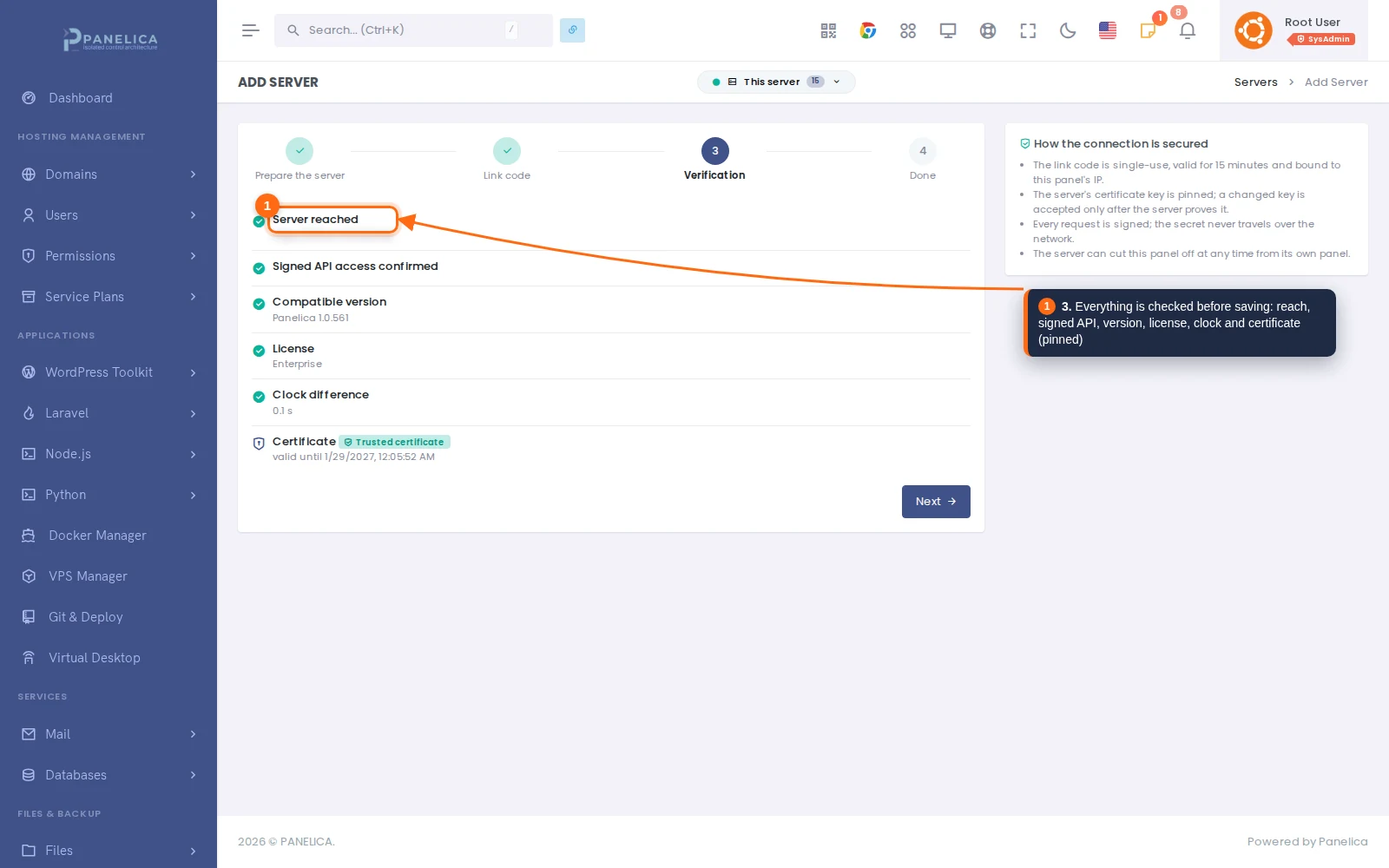Verification step showing server reached, signed API access, compatible version, license, clock difference and a trusted certificate