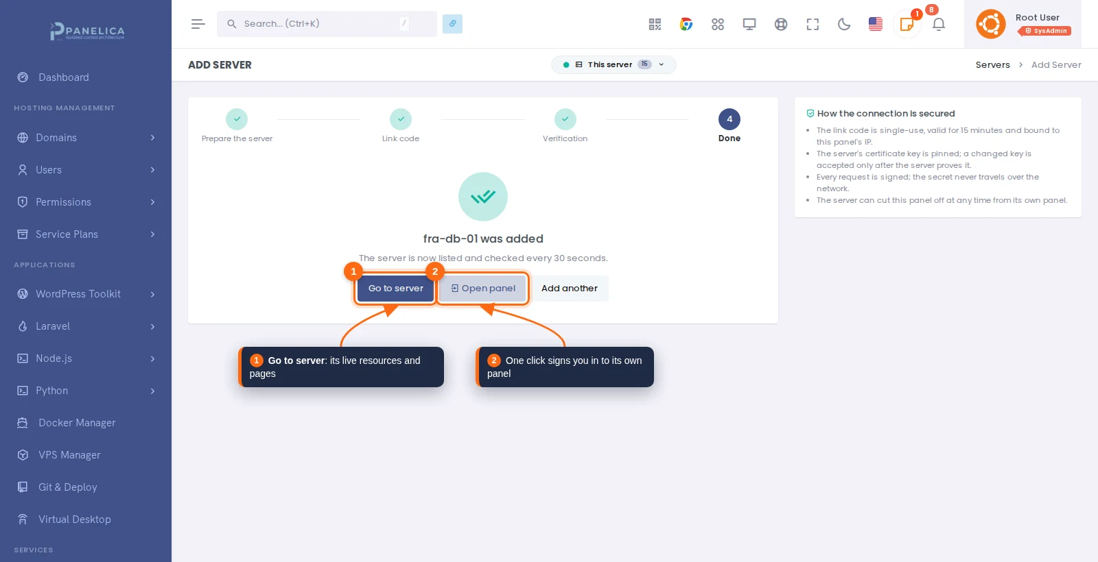 Final step of the Add Server wizard confirming the server was added