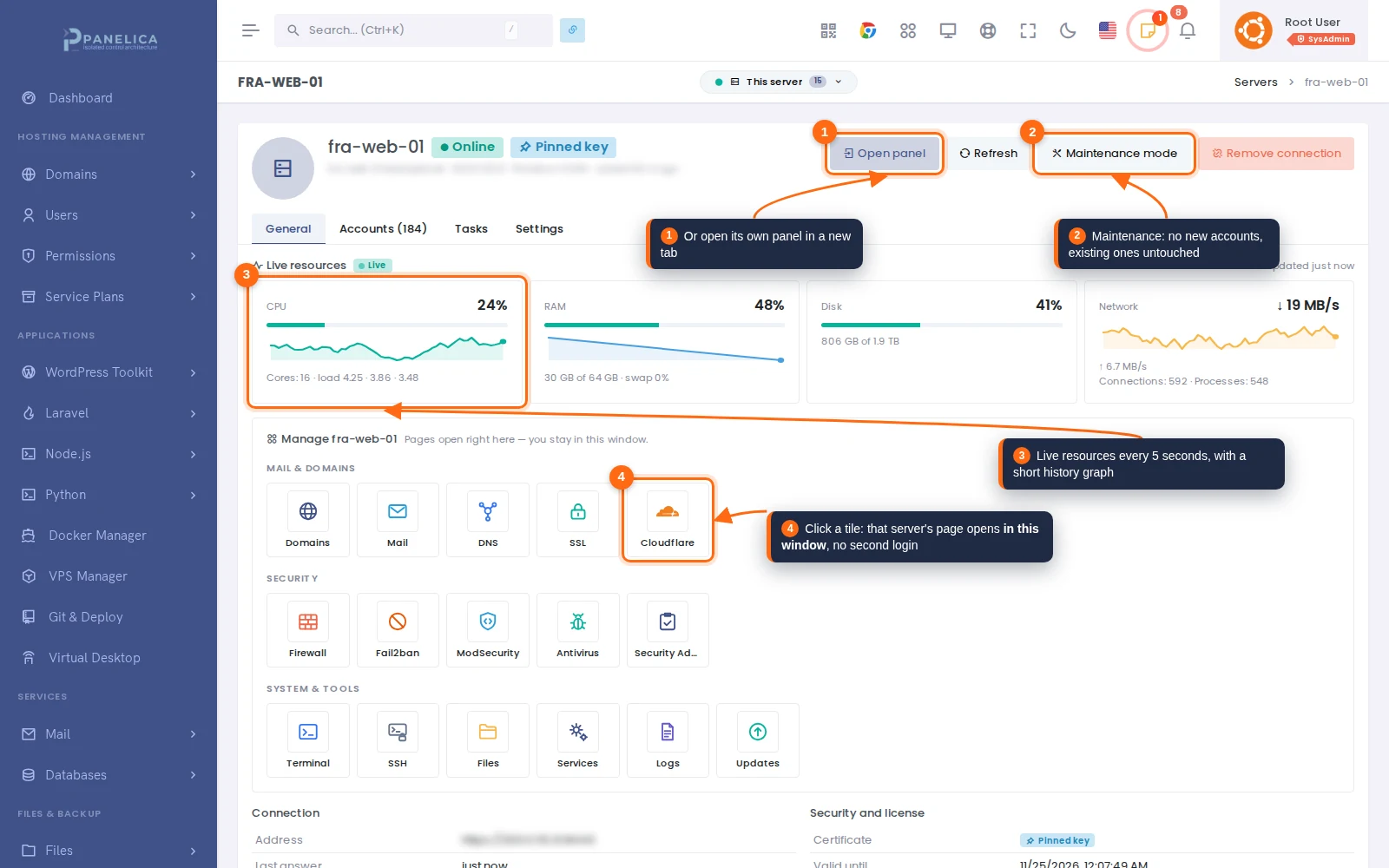 Server page on the master with live resource cards, the manage grid of page shortcuts, open panel and maintenance mode buttons