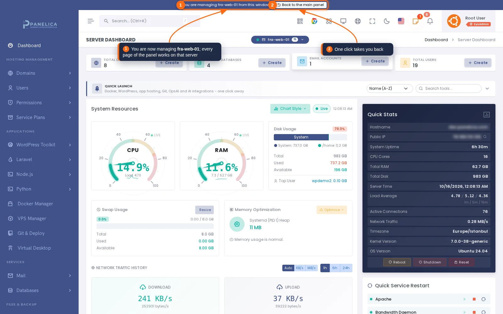 The dashboard of a connected server shown inside the master window, with the managing banner at the top