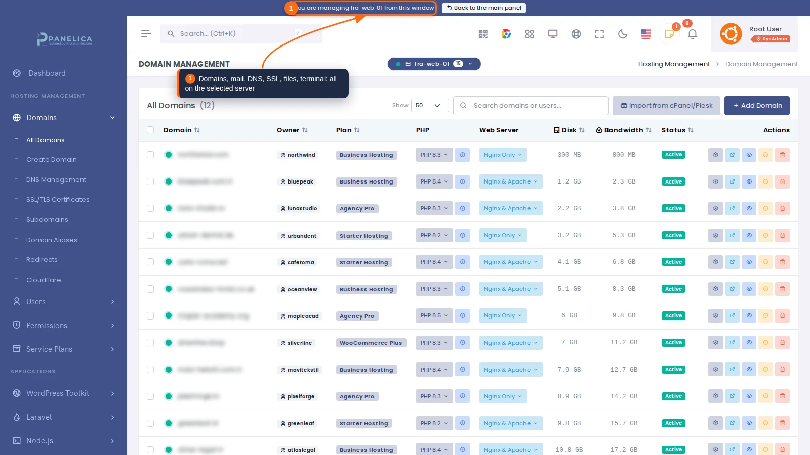 The domain list of a connected server inside the master window