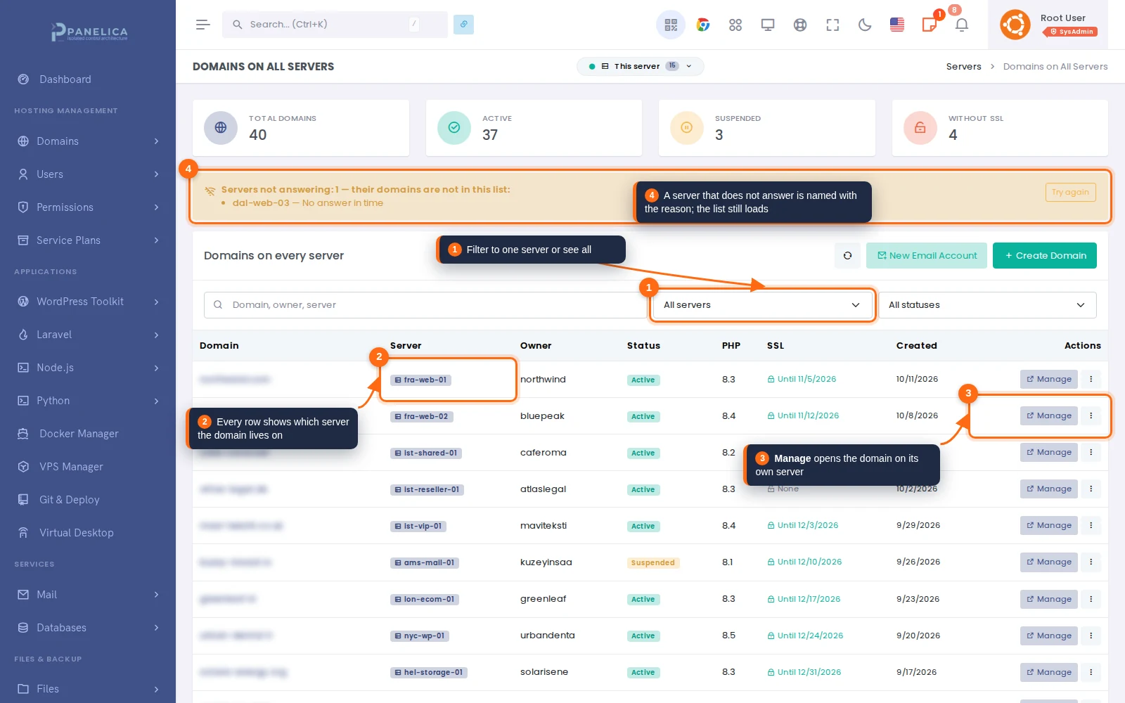 Domains on all servers table with a server column, filters and manage buttons, and a notice for a server that does not answer