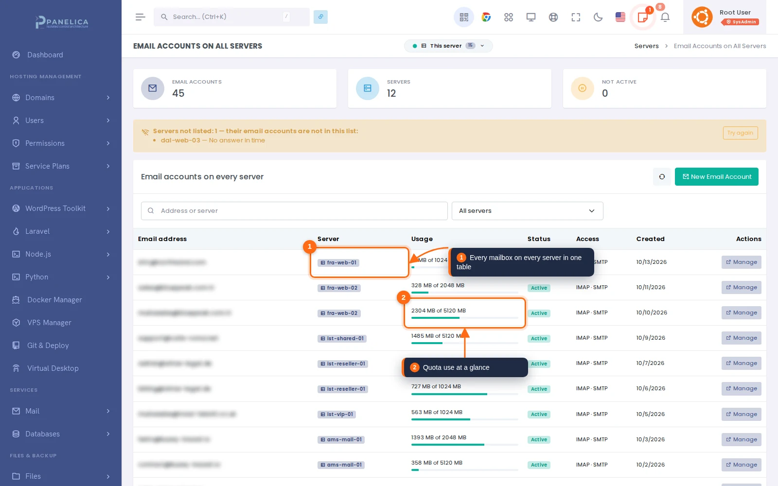 Email accounts on all servers with server column and quota usage bars
