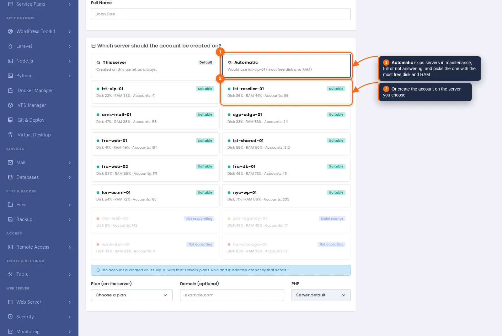 Server placement card on the create user form with automatic placement, suitable servers and servers that are skipped with their reason