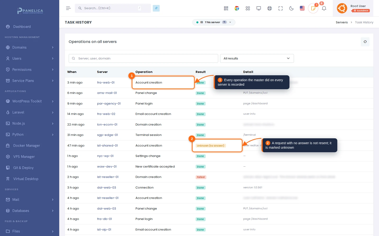 Task history of operations on all servers with results