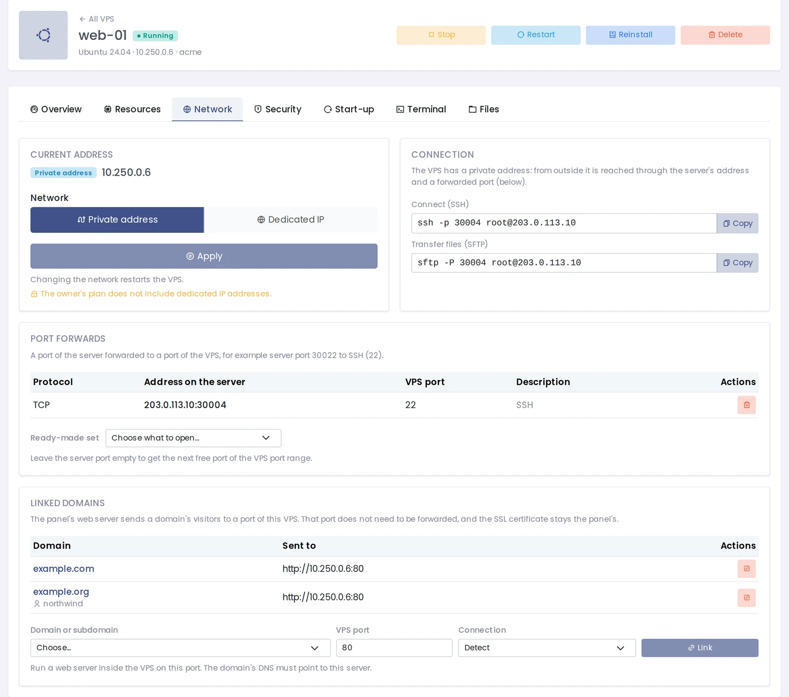 Network tab of a VPS with the current private address, the private or dedicated IP choice, the SSH port forward, the ready-made set list and linked domains