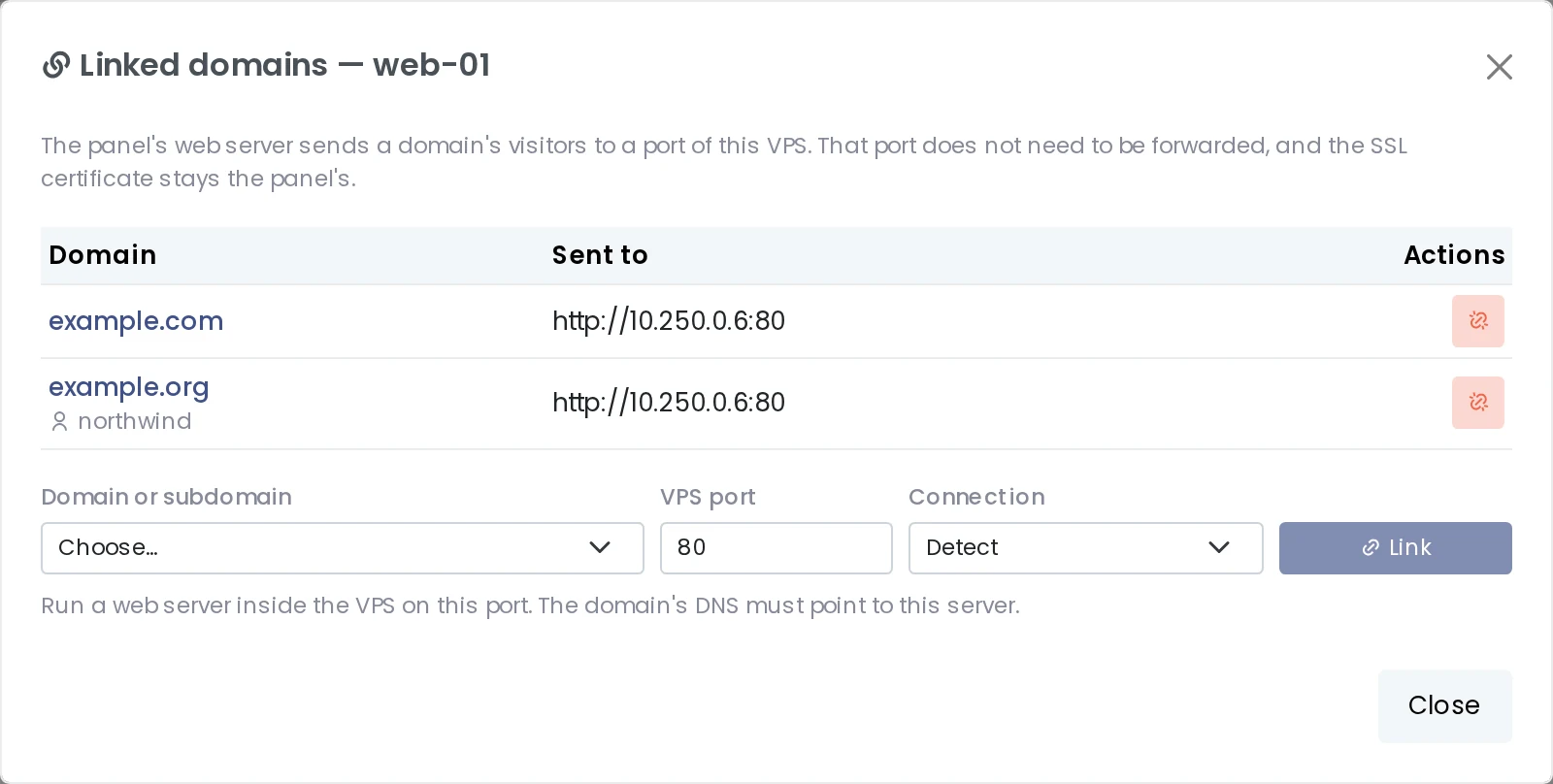 Linked domains window of a VPS with two domains sent to port 80 of the VPS and the form to link another domain
