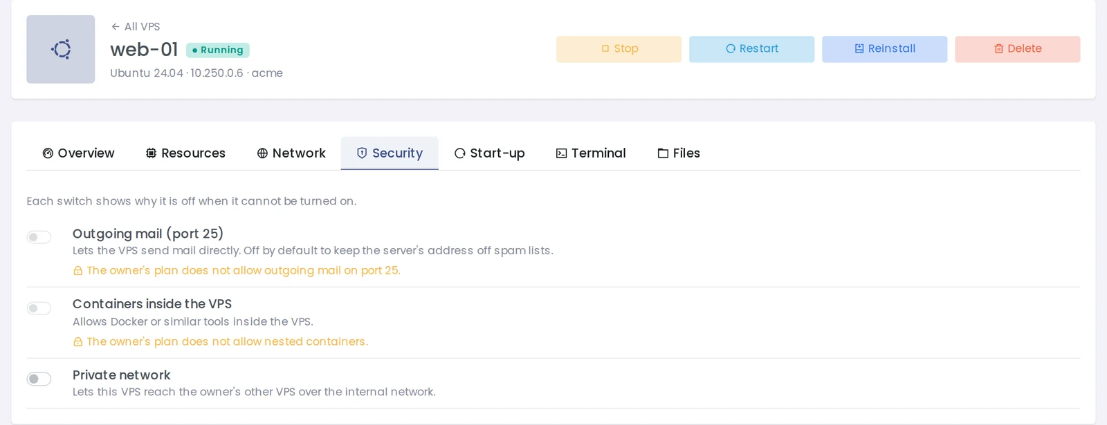 Security tab with outgoing mail on port 25, containers inside the VPS and private network switches, two of them locked by the owner's plan