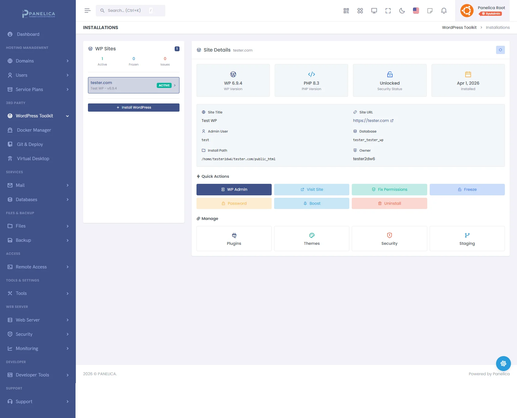 Panelica WordPress Toolkit — one-click staging, security hardening, Redis cache boost, and plugin management
